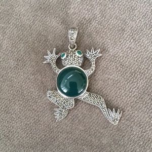 Vintage Jade and Marcasite Sterling Silver Frog Pendant 2”